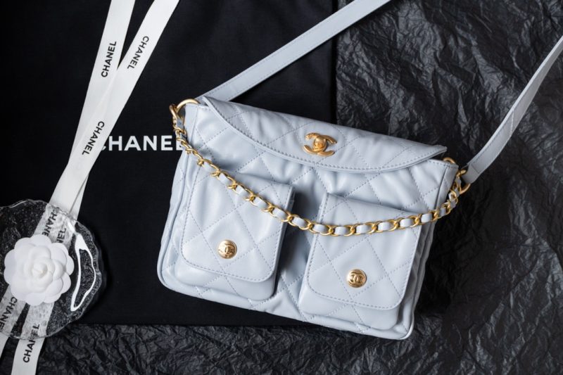 Chanel 24P Messenger Hobo Pale Blue - fake chanel hobo pale blue front view